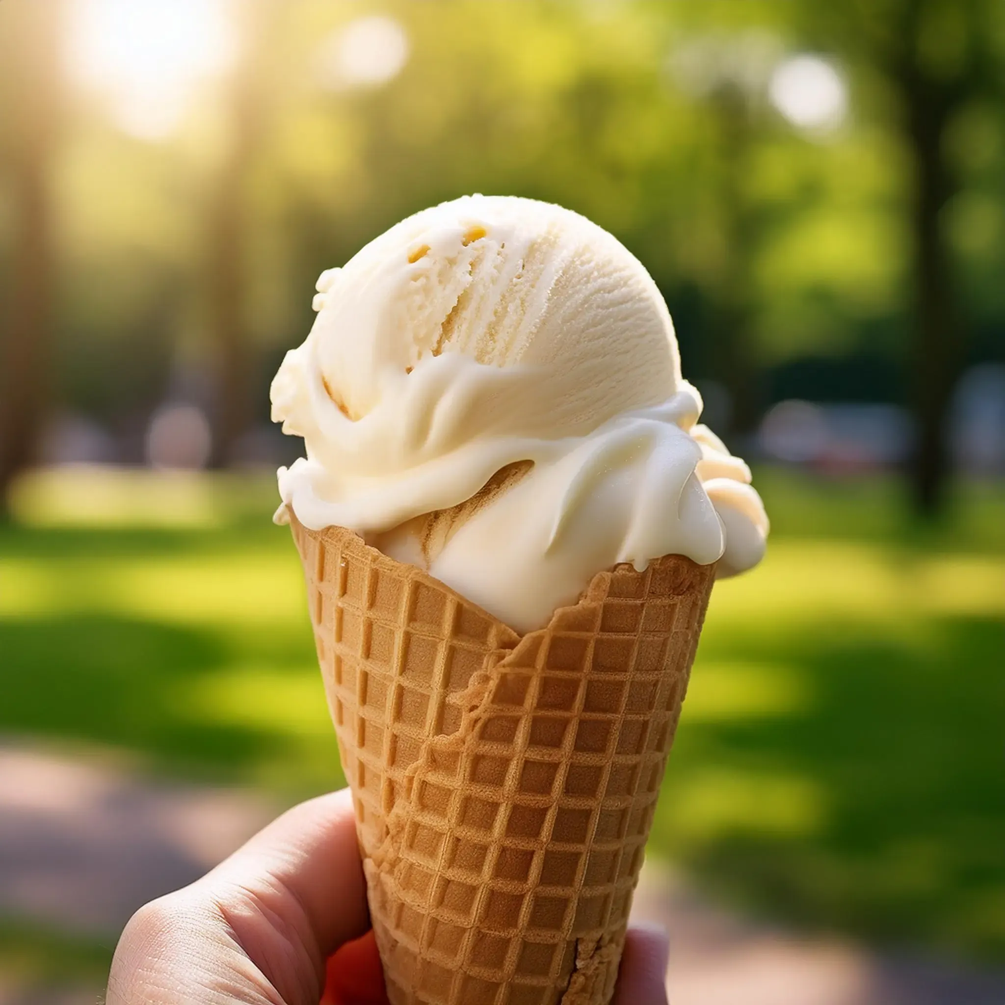 A cone with ice cream visible on a background of a green and luscious park.