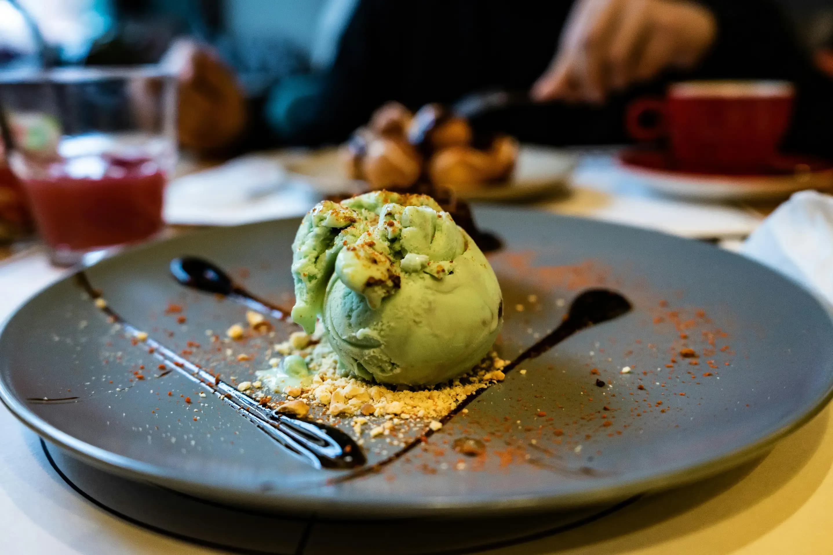 Ice cream on a plate in a restaurant.