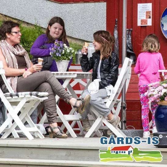 A family sitting on a terrace at a table.